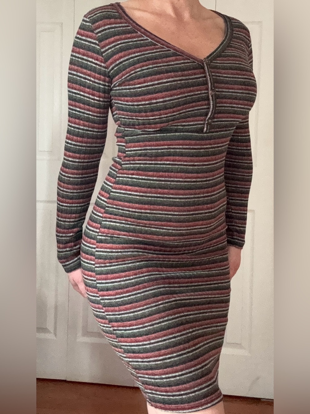 Caution To The Wind Striped Rib-Knit Long Sleeve Dress in Green & Burgundy